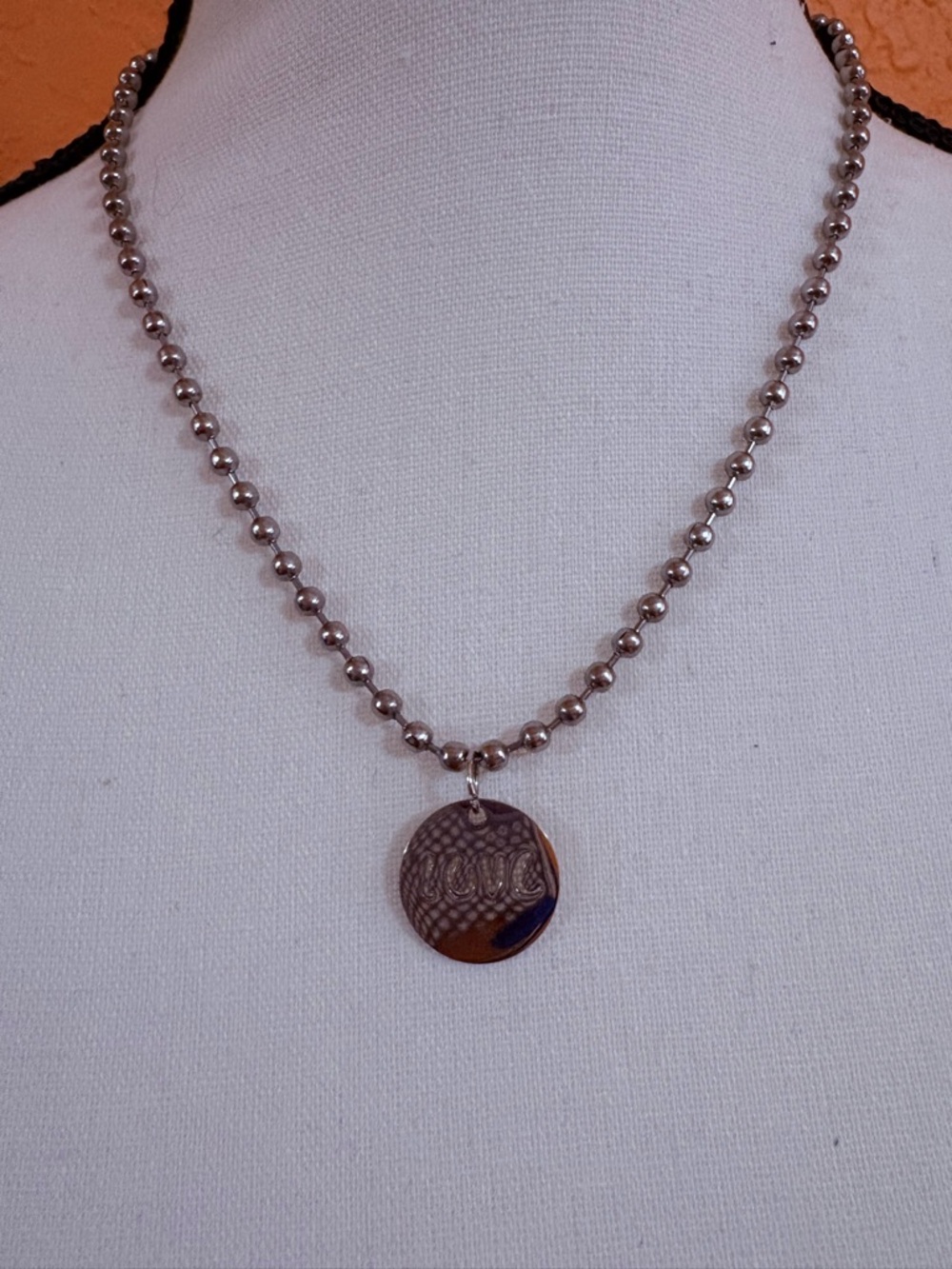 Round love Pattern Pendant Necklace on Silver Ball Chain